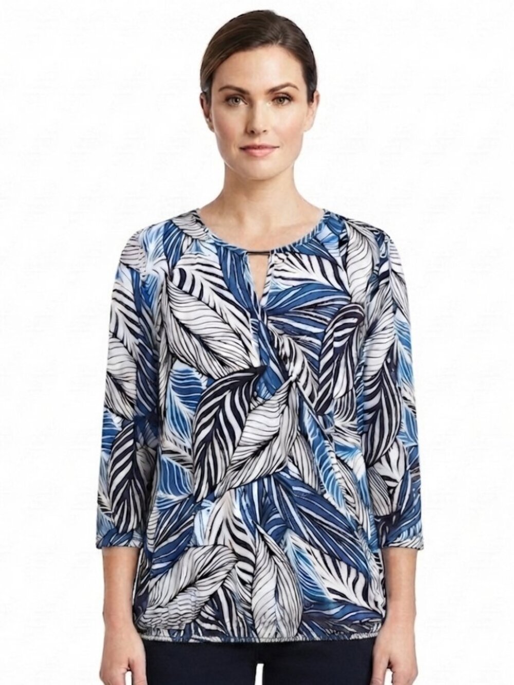 Clientele Keyhole Crew Neck 3/4 Sleeve Botanical Print Stretch Top- Sz. Lrg
